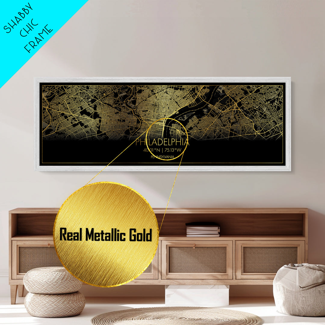 Philadelphia Pennsylvania City Poster, Panoramic street map, black and gold, Metallic Gold Art, Metal Art, wood framed map, Street Map Art