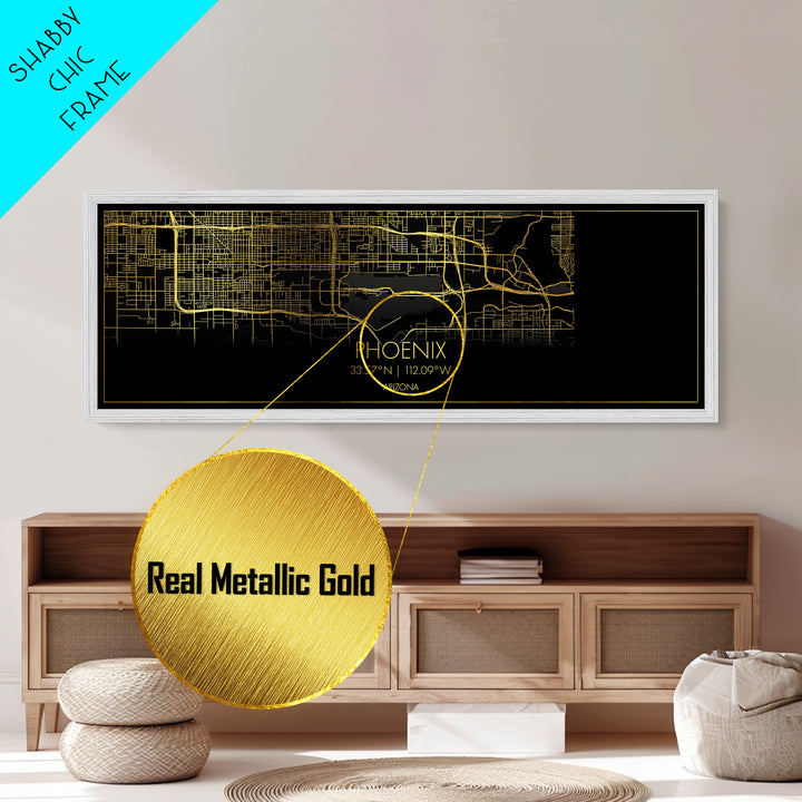 Phoenix Arizona City street map, Panoramic art, black and gold, Metallic Gold Print, Metal Art, real wood frames, Housewarming Gift