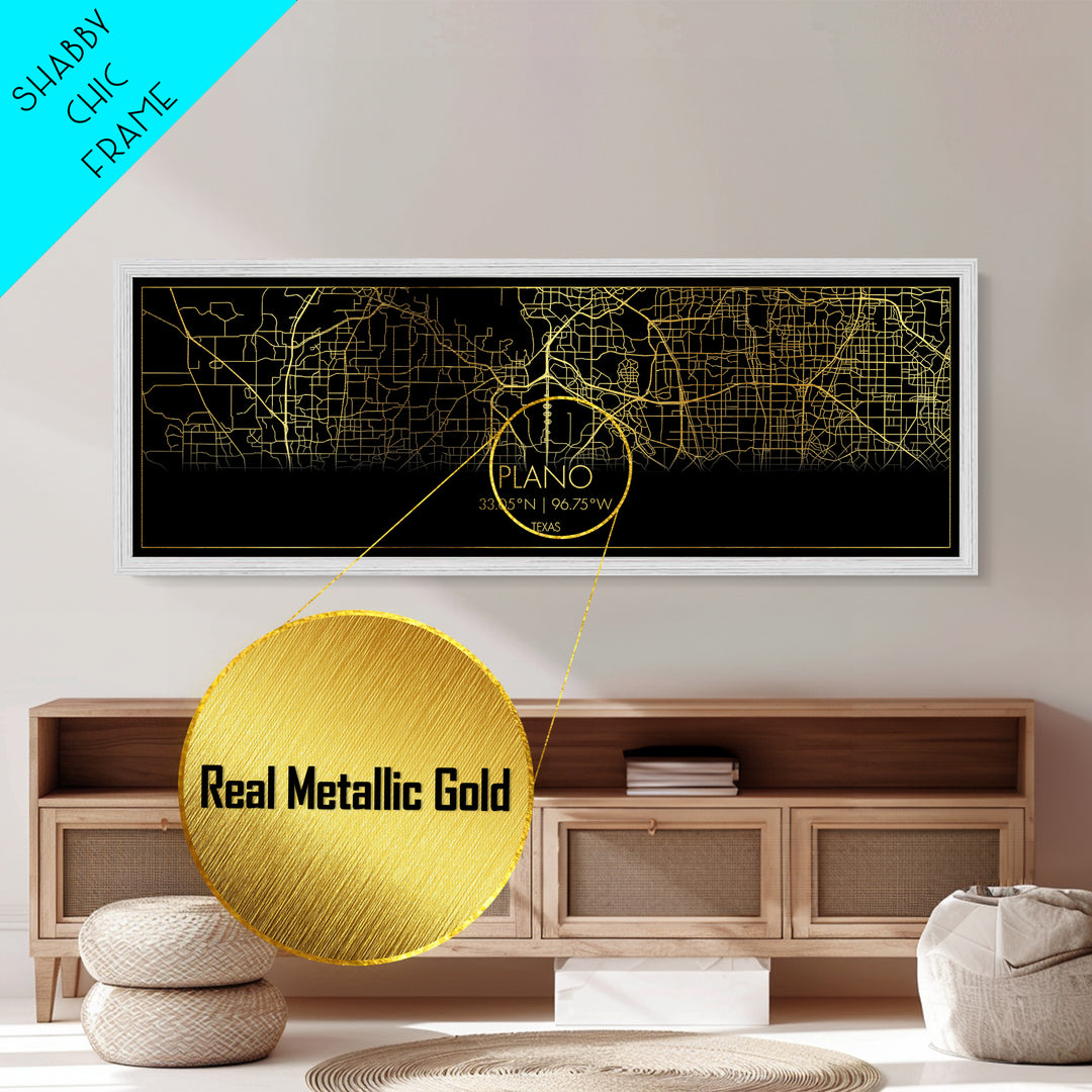 Plano Texas City street map, Panoramic art, black and gold, Metallic Gold Print, Metal Art, real wood frames, City Map Print Poster