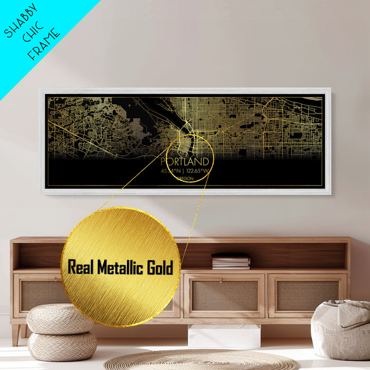 Portland Oregon City Poster, Panoramic street map, black and gold, Metallic Gold Art, Metal Art, wood framed map, Minimalist Wall Art