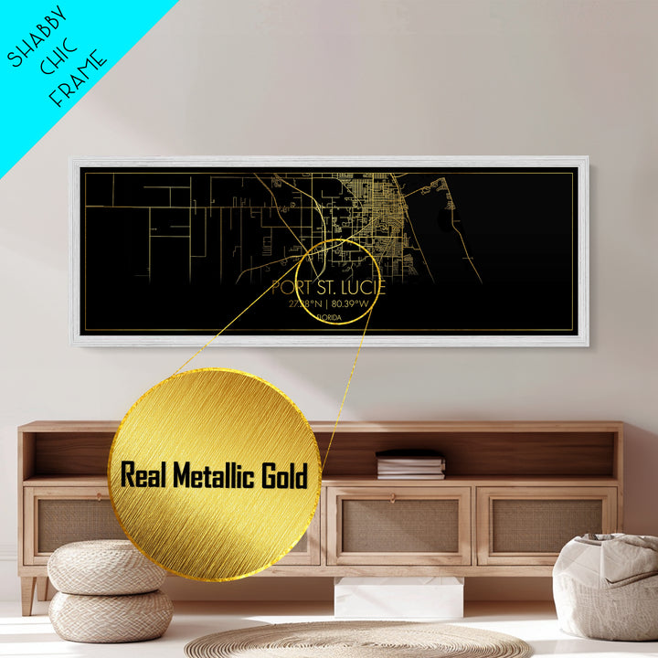 Port St. Lucie Florida City street map, Panoramic art, black and gold, Metallic Gold Print, Metal Art, real wood frames, Best Friend Gifts