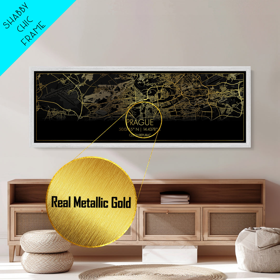 Prague Czech Republic City Poster, Panoramic street map, black and gold, Metallic Gold Art, Metal Art, wood framed map, Street Map Art