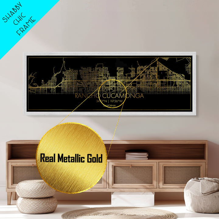Rancho Cucamonga California street map, Panoramic art, black and gold, Metallic Gold Print, Metal Art, real wood frames, Housewarming Gift