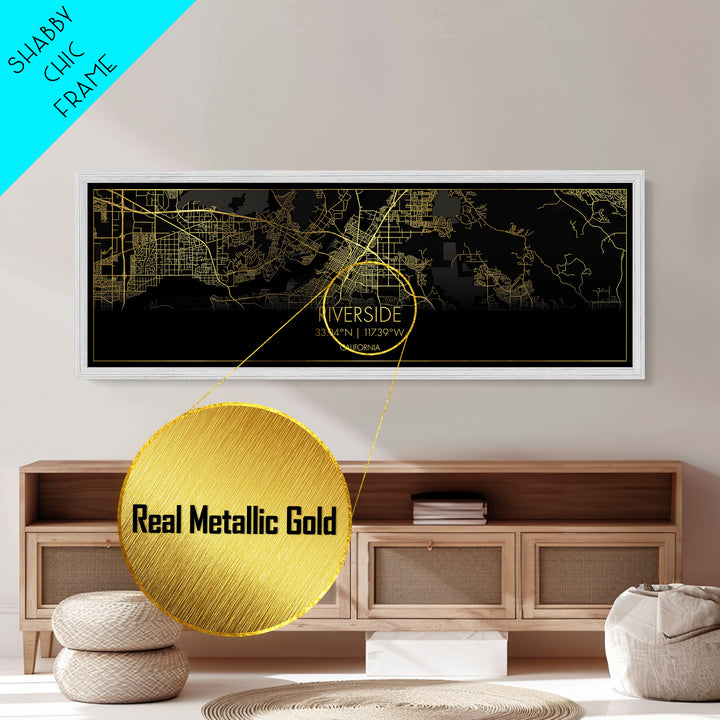 Riverside California City street map, Panoramic art, black and gold, Metallic Gold Print, Metal Art, real wood frames, Housewarming Gift