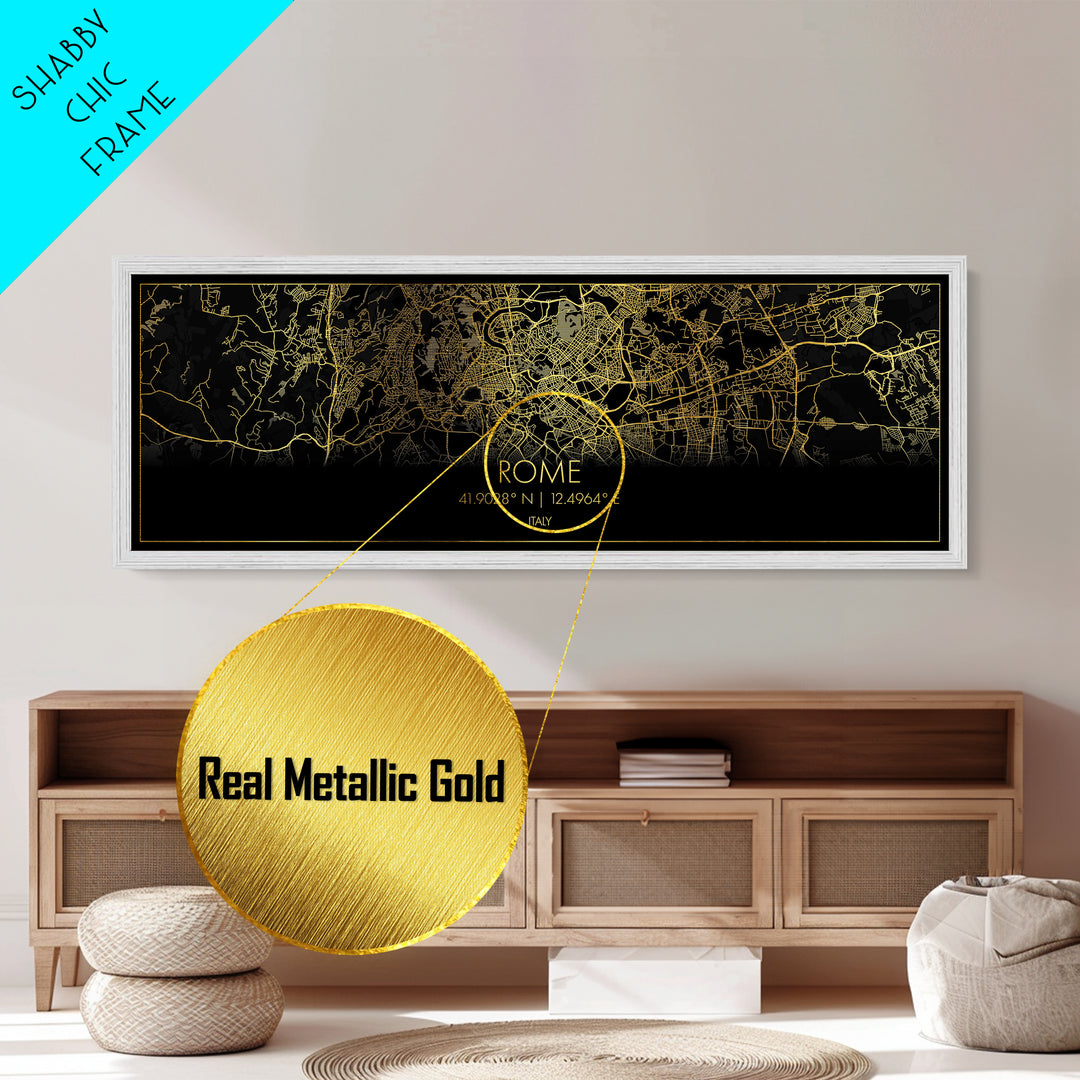 Rome Italy map, Panoramic art, black and gold, Metallic Gold Print, Metal Art, real wood frames, Street Map Art, City Map Print Poster