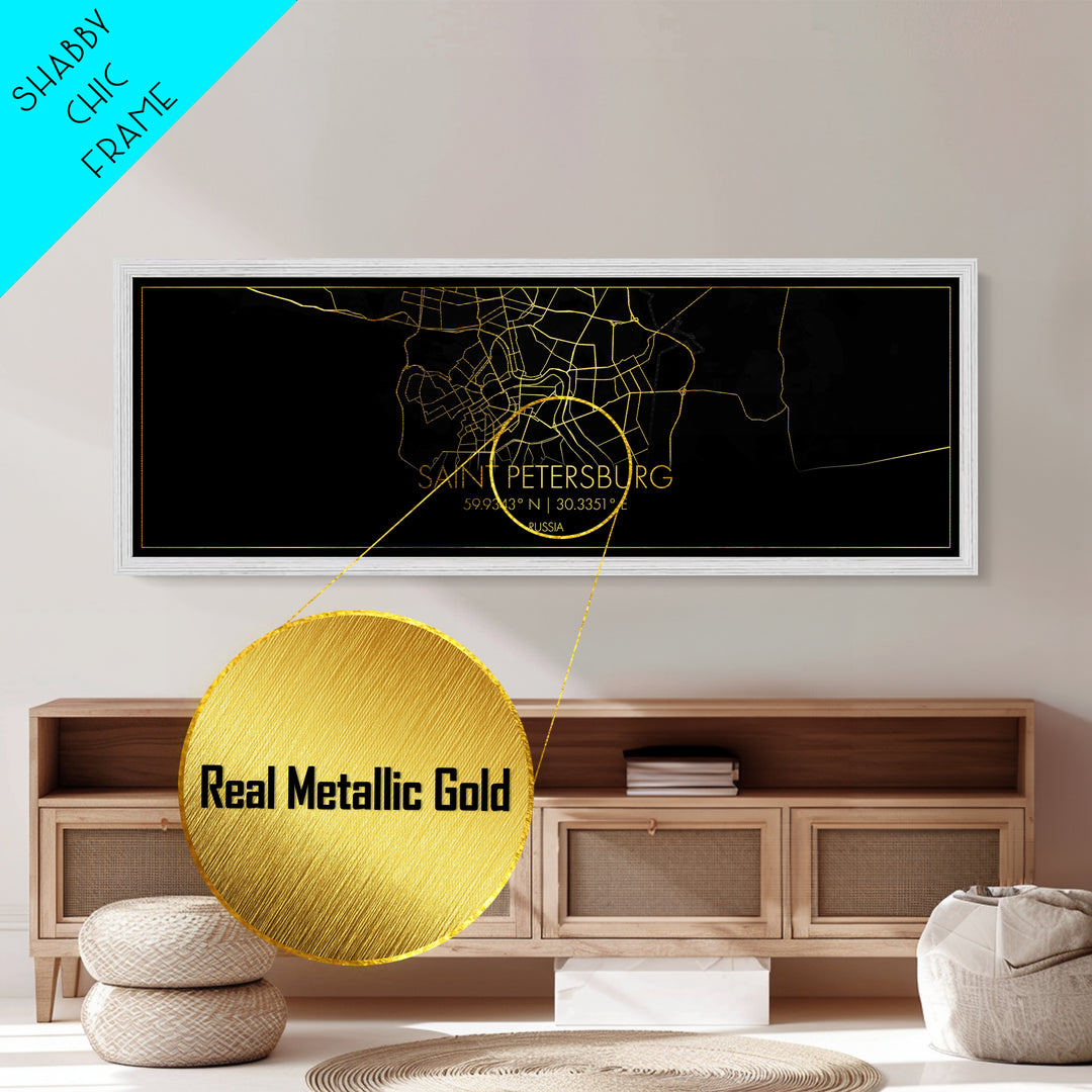 Saint Petersburg Russia City street map, Panoramic art, black and gold, Metallic Gold Print, Metal Art, real wood frames, Housewarming Gift
