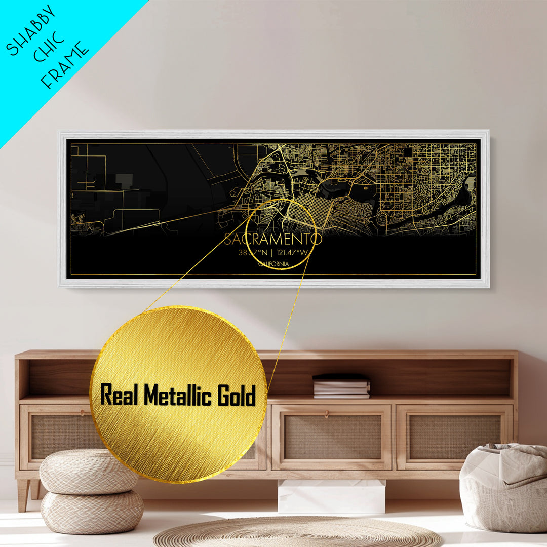 Sacramento California City Poster, Panoramic street map, black and gold, Metallic Gold Art, Metal Art, wood framed map, Minimalist Wall Art