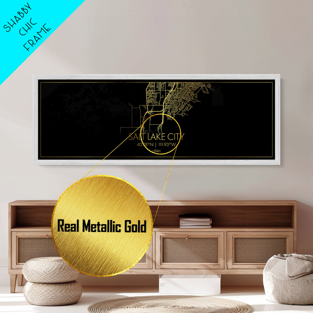 Salt Lake City Utah map, Panoramic art, black and gold, Metallic Gold Print, Metal Art, real wood frames, Modern Wall Art, Map Print Poster