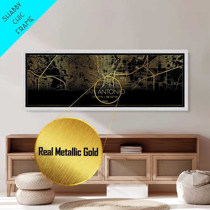San Antonio Texas Poster, Panoramic street map, black and gold, Metallic Gold Art, Metal Art, wood framed map, Best Friend Gifts