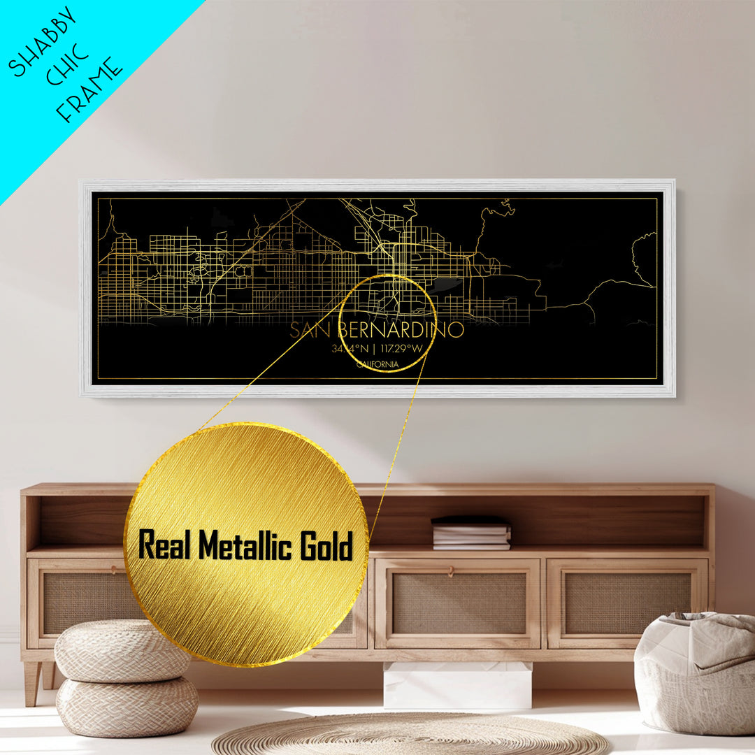 San Bernardino California City street map, Panoramic art, black and gold, Metallic Gold Print, Metal Art, real wood frames, Modern House Art