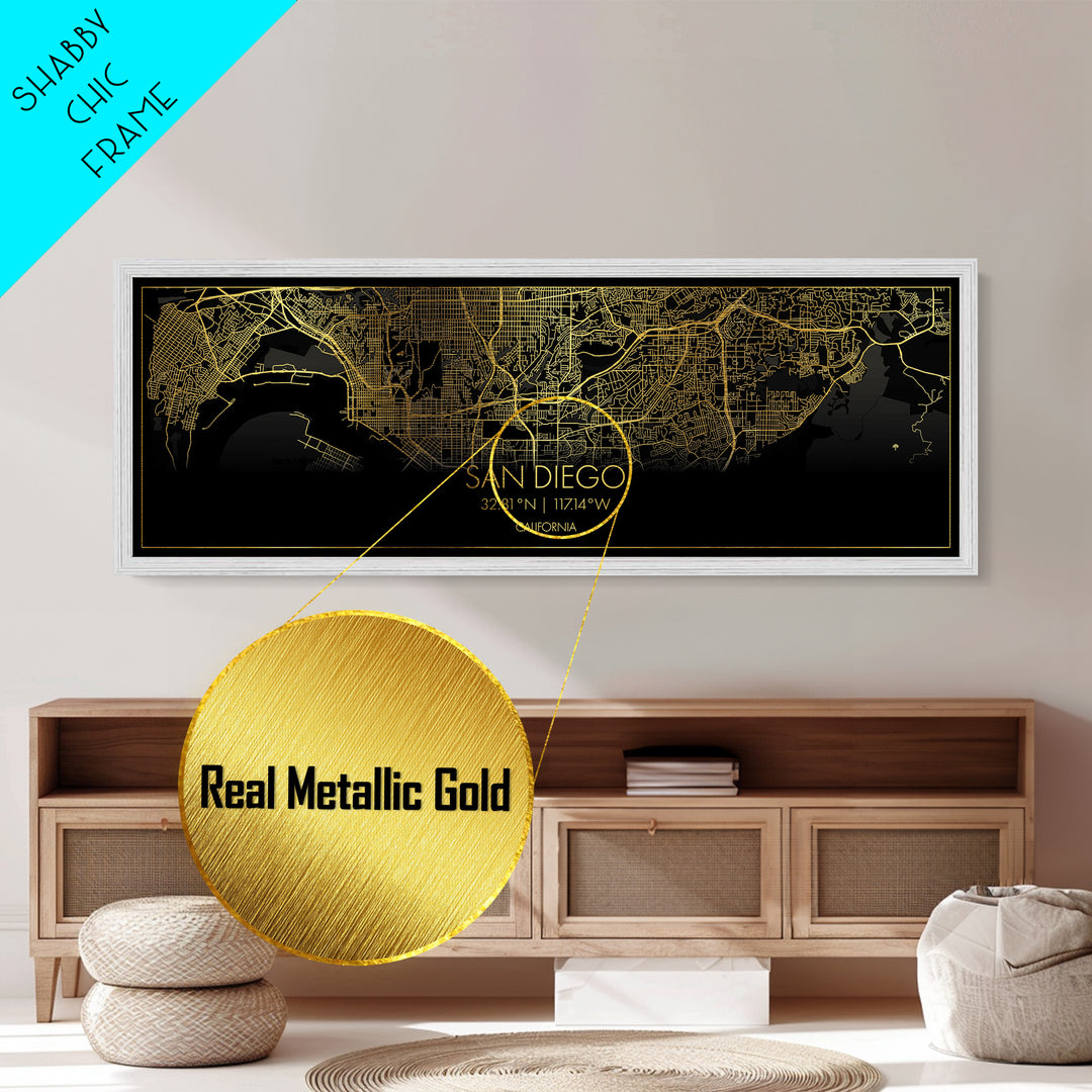 San Diego California City Poster, Panoramic street map, black and gold, Metallic Gold Art, Metal Art, wood framed map, City Map Print Poster