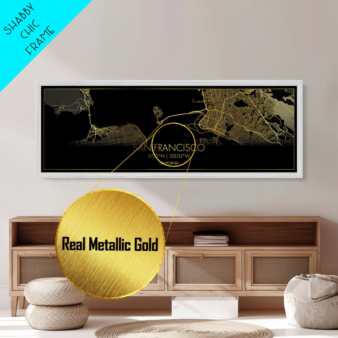 San Francisco California City street map, Panoramic art, black and gold, Metallic Gold Print, Metal Art, real wood frames, Housewarming Gift