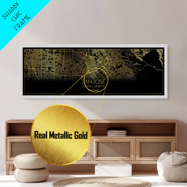 San Jose California City Poster, Panoramic street map, black and gold, Metallic Gold Art, Metal Art, wood framed map, Map Print Poster