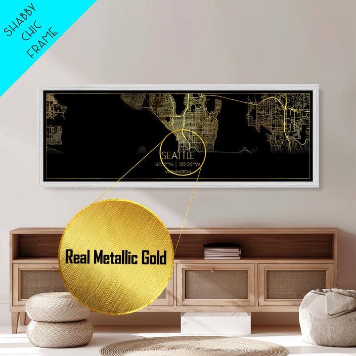 Seattle Washington City street map, Panoramic art, black and gold, Metallic Gold Print, Metal Art, real wood frames, Office Décor