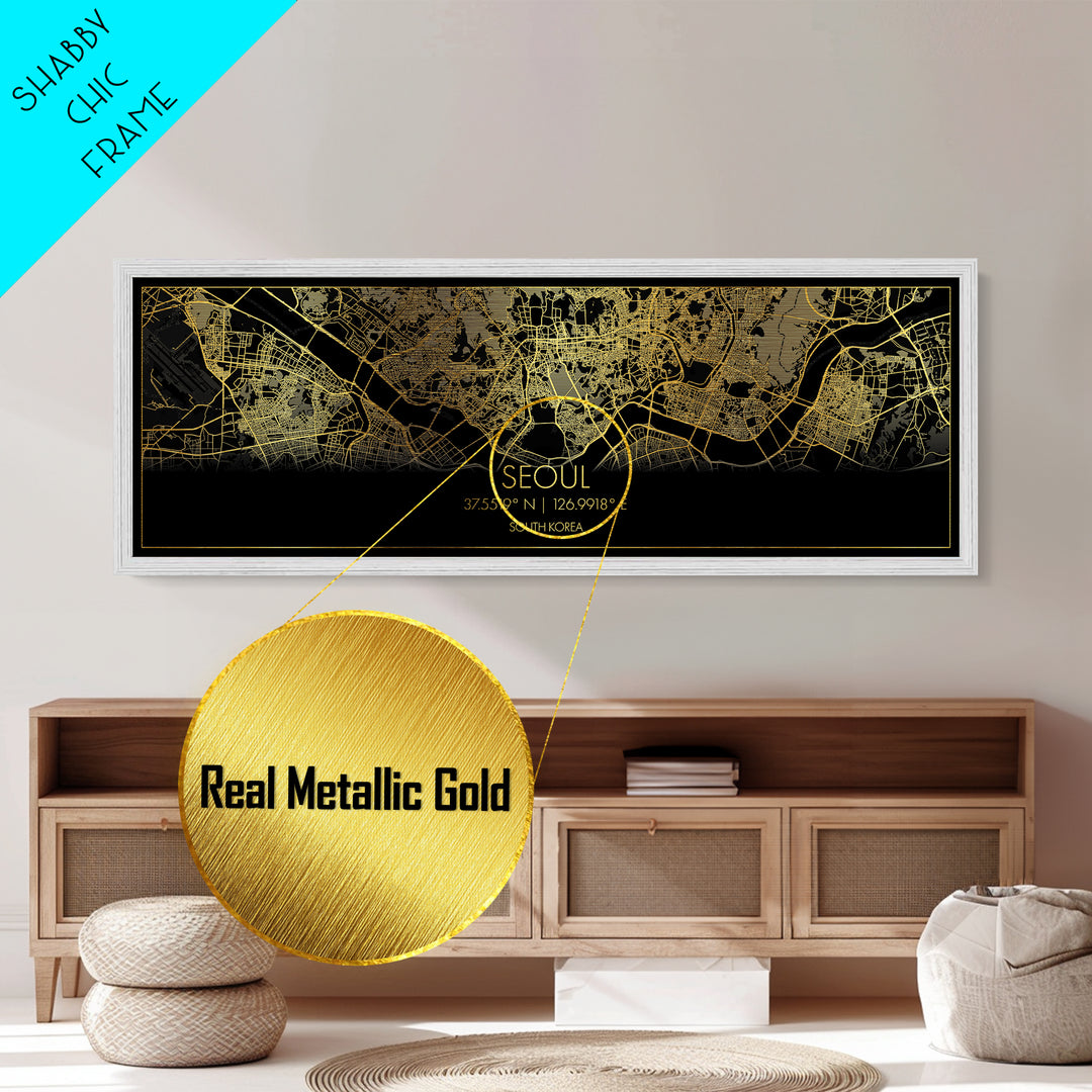 Seoul South Korea City Poster, Panoramic street map, black and gold, Metallic Gold Art, Metal Art, wood framed map, Modern Wall Art