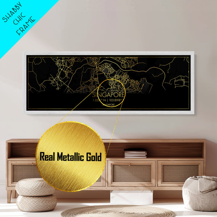 Singapore Singapore City Poster, Panoramic street map, black and gold, Metallic Gold Art, Metal Art, wood framed map, Office Décor