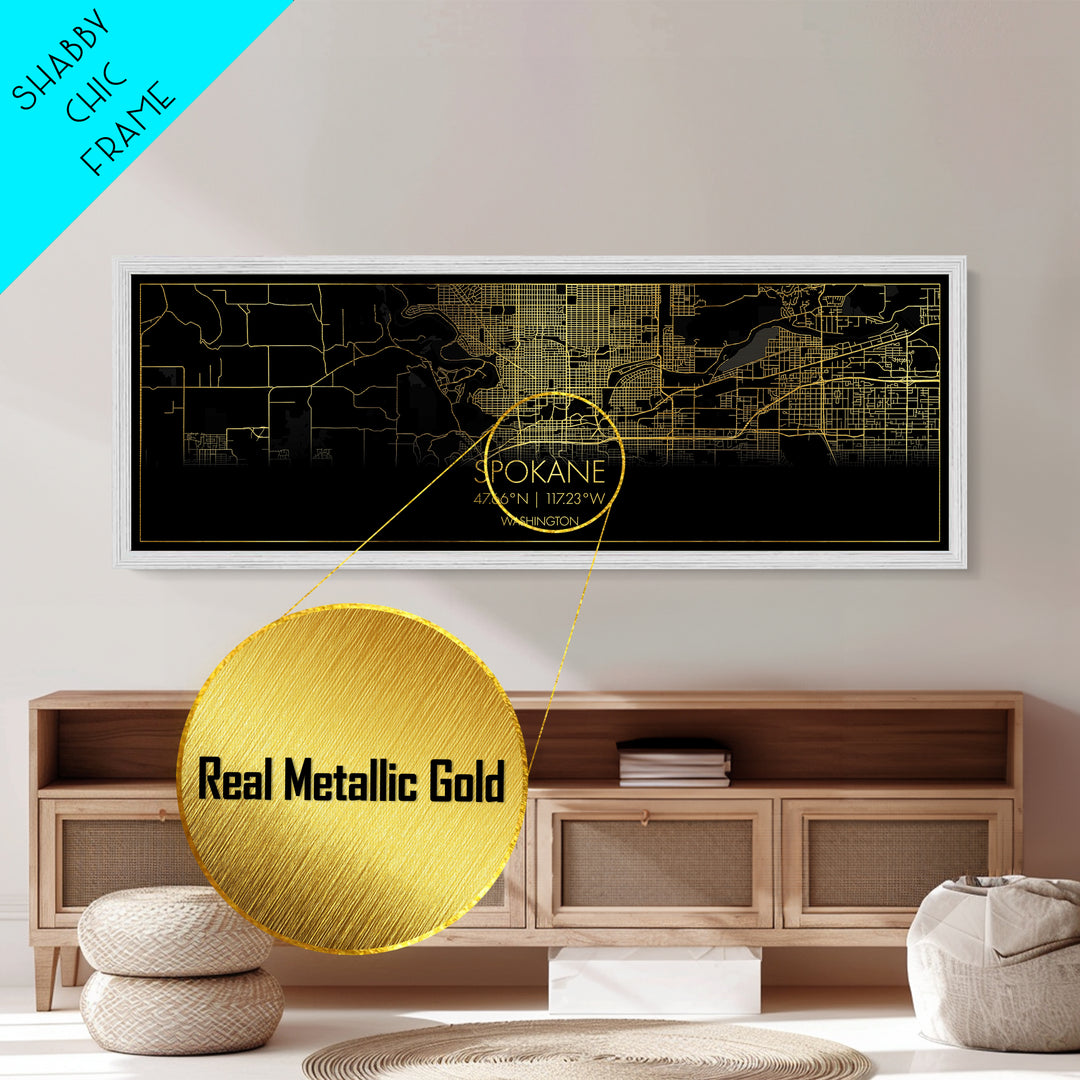 Spokane Washington City street map, Panoramic art, black and gold, Metallic Gold Print, Metal Art, real wood frames, Office Décor