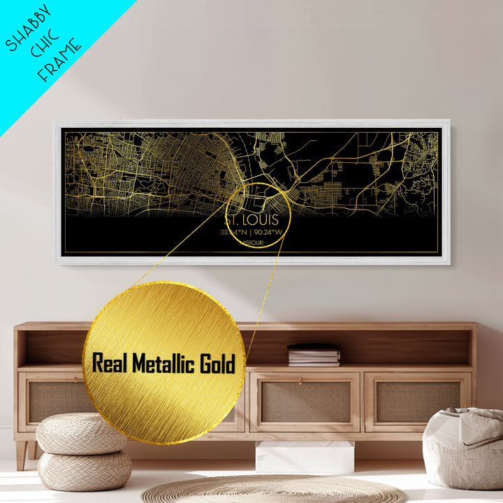 St. Louis Missouri map, Panoramic art, black and gold, Metallic Gold Print, Metal Art, real wood frames, Housewarming Gift, Map Print Poster
