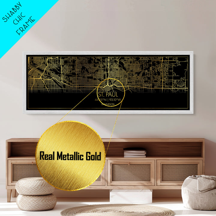 St. Paul Minnesota City Poster, Panoramic street map, black and gold, Metallic Gold Art, Metal Art, wood framed map, Office Decor, Wall Art