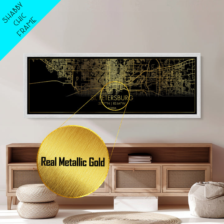 St. Petersburg Florida City street map, Panoramic art, black and gold, Metallic Gold Print, Metal Art, real wood frames, Map Print Poster