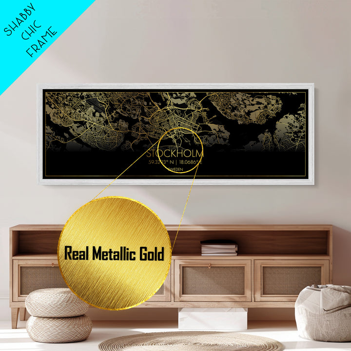 Stockholm Sweden City Poster, Panoramic street map, black and gold, Metallic Gold Art, Metal Art, wood framed map, Office Décor