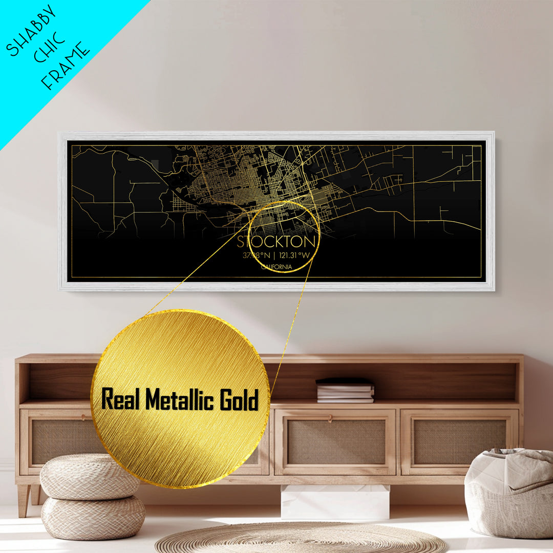 Stockton California City Poster, Panoramic street map, black and gold, Metallic Gold Art, Metal Art, wood framed map, Wall Art, Closing Gift