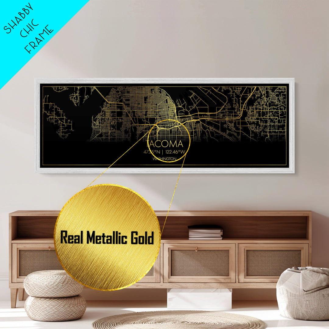 Tacoma Washington City street map, Panoramic art, black and gold, Metallic Gold Print, Metal Art, real wood frames, Map Print Poster