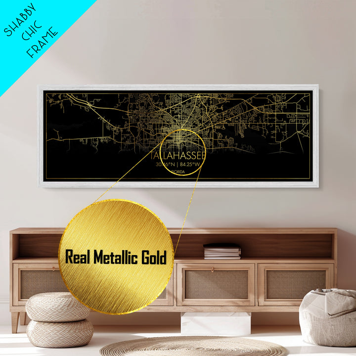 Tallahassee Florida City Poster, Panoramic street map, black and gold, Metallic Gold Art, Metal Art, wood framed map, Housewarming Gift