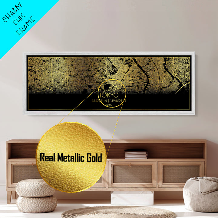Tokyo Japan City street map, Panoramic art, black and gold, Metallic Gold Print, Metal Art, real wood frames, College Dorm Décor