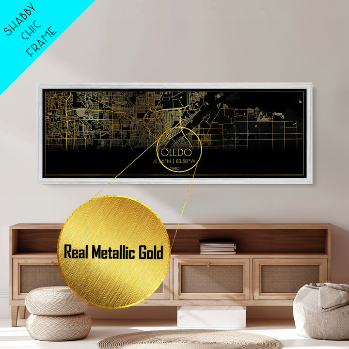 Toledo Ohio City Poster, Panoramic street map, black and gold, Metallic Gold Art, Metal Art, wood framed map, Modern Wall Art