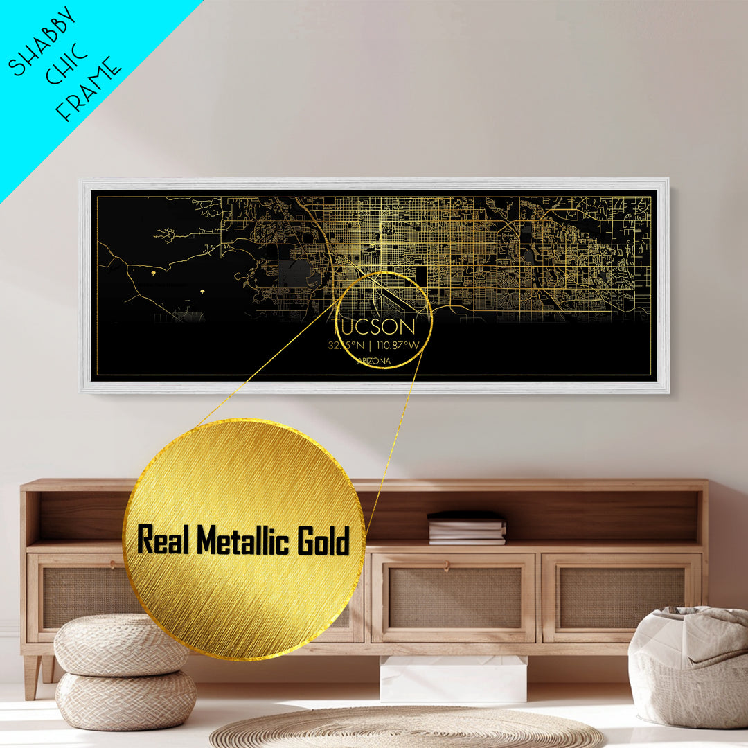 Tucson Arizona City street map, Panoramic art, black and gold, Metallic Gold Print, Metal Art, real wood frames, Housewarming Gift