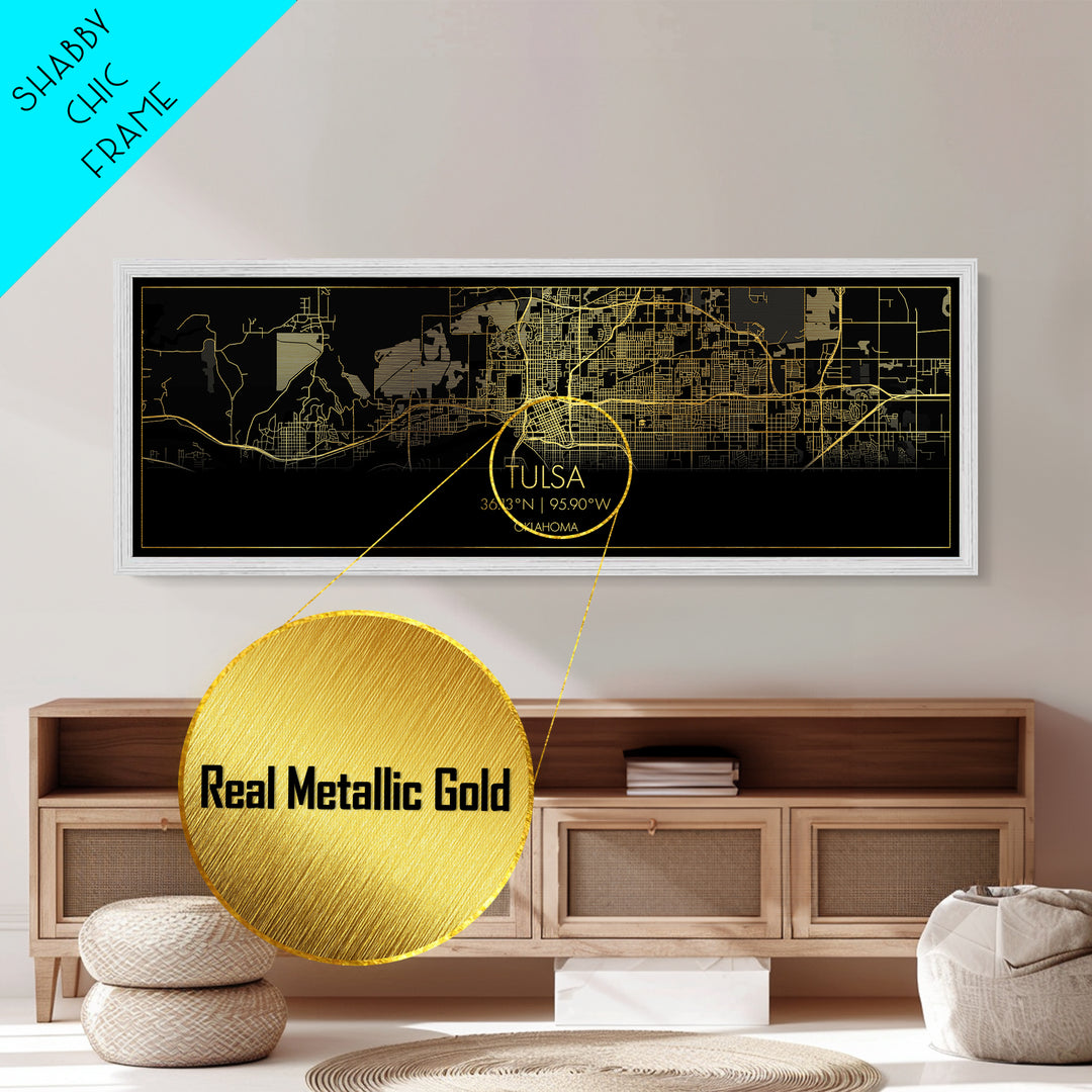Tulsa Oklahoma City Poster, Panoramic street map, black and gold, Metallic Gold Art, Metal Art, wood framed map, Map Print Poster