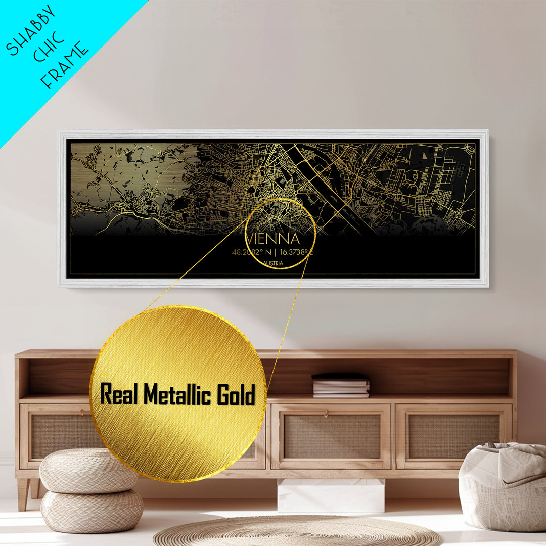 Vienna Austria City street map, Panoramic art, black and gold, Metallic Gold Print, Metal Art, real wood frames, Street Map Art, Wall Art
