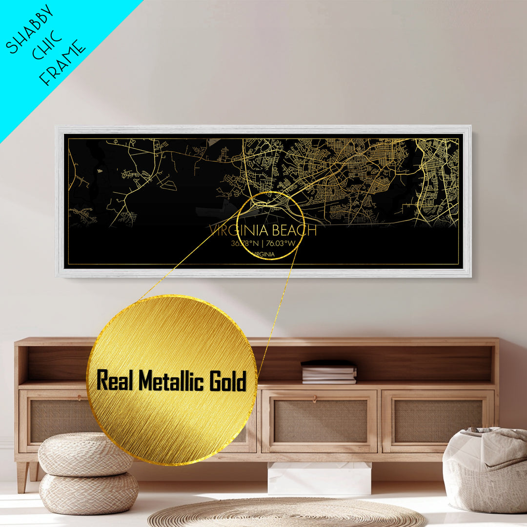 Virginia Beach Virginia City Poster, Panoramic street map, black and gold, Metallic Gold Art, Metal Art, wood framed map, Best Friend Gifts
