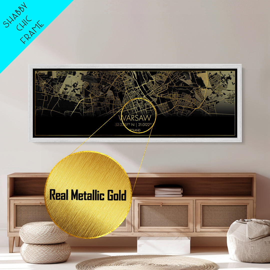 Warsaw Poland City street map, Panoramic art, black and gold, Metallic Gold Print, Metal Art, real wood frames, College Dorm Décor