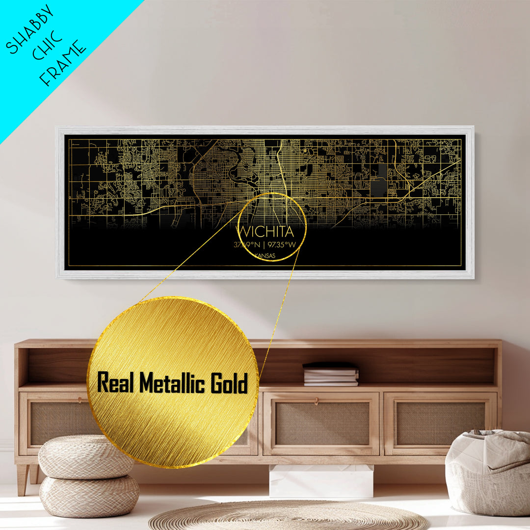 Wichita Kansas City street map, Panoramic art, black and gold, Metallic Gold Print, Metal Art, real wood frames, Housewarming Gift