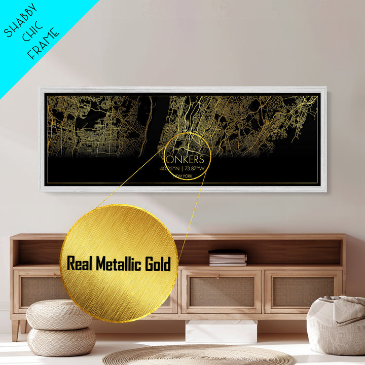 Yonkers New York City street map, Panoramic art, black and gold, Metallic Gold Print, Metal Art, real wood frames, Modern House Art