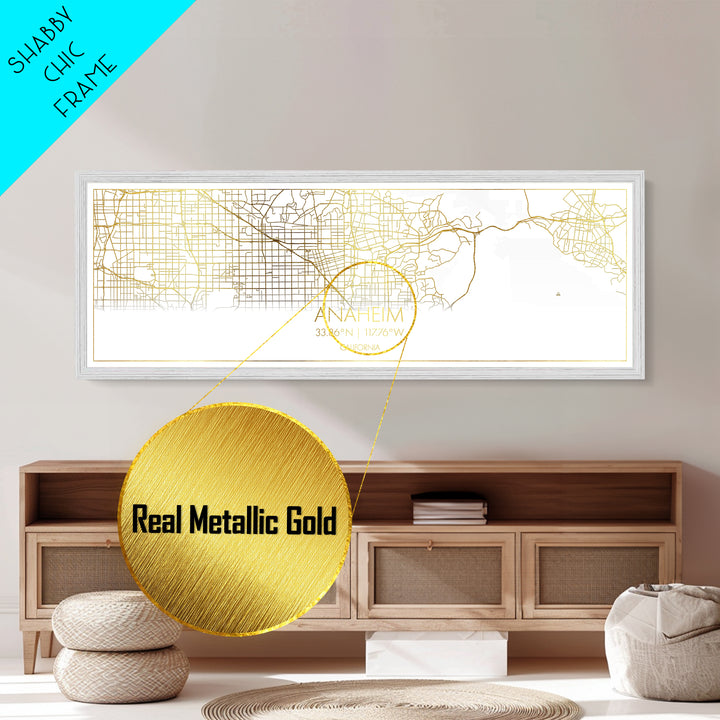 Anaheim California City Poster, Panoramic street map, black and gold, Metallic Gold Art, Metal Art, wood framed map, Minimalist Wall Art
