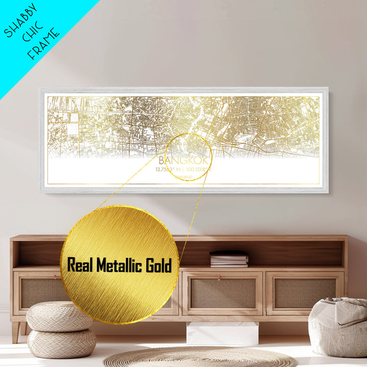 Bangkok Thailand City Poster, Panoramic street map, black and gold, Metallic Gold Art, Metal Art, wood framed map, Metallic Gold Foil  Art