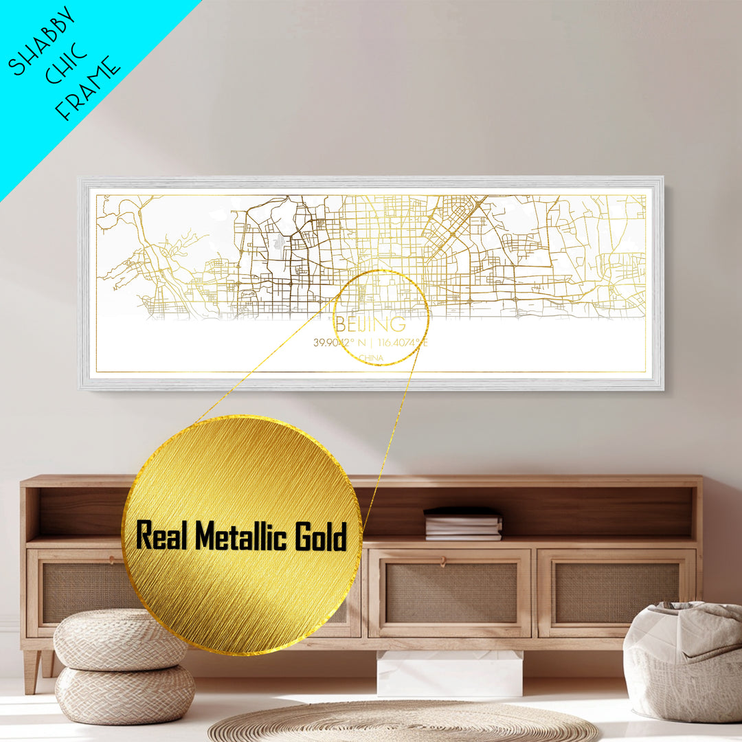 Beijing China map, Panoramic art, black and gold, Metallic Gold Print, Metal Art, real wood frames, College Dorm Décor, Best Friend Gifts