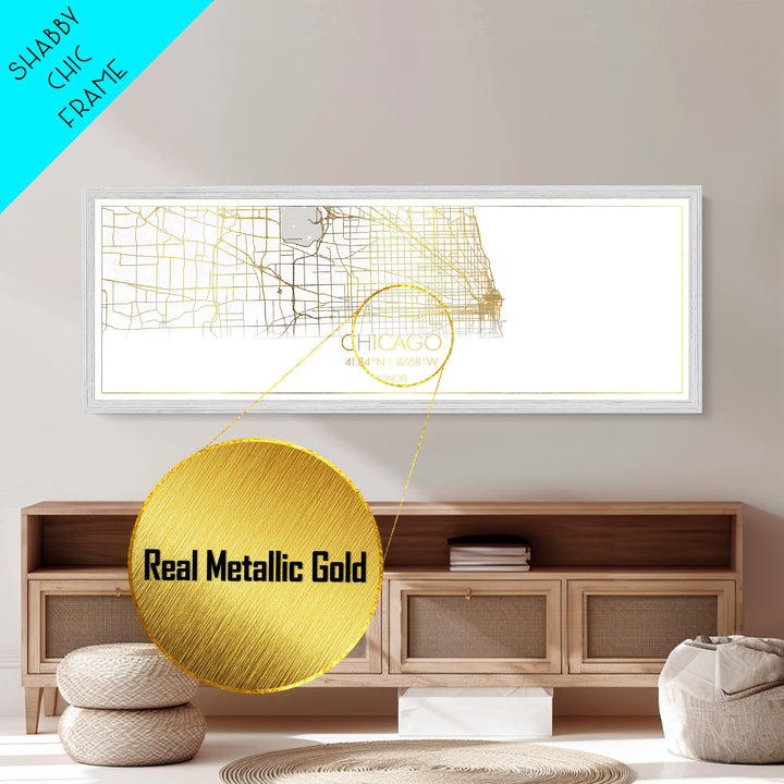 Chicago Illinois City Poster, Panoramic street map, black and gold, Metallic Gold Art, Metal Art, wood framed map, Modern Wall Art