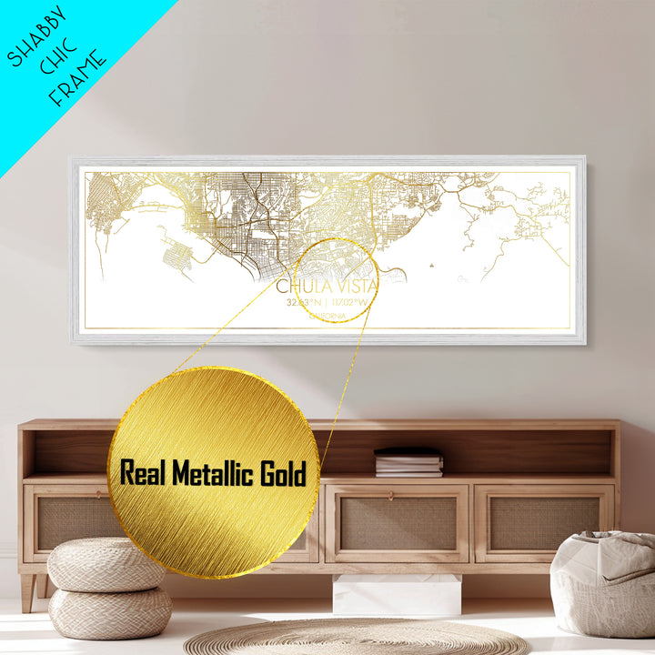 Chula Vista California City street map, Panoramic art, black and gold, Metallic Gold Print, Metal Art, real wood frames, Wall Art, Closing Gift