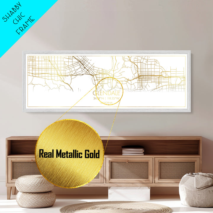 Glendale California City street map, Panoramic art, black and gold, Metallic Gold Print, Metal Art, real wood frames, Minimalist Wall Art