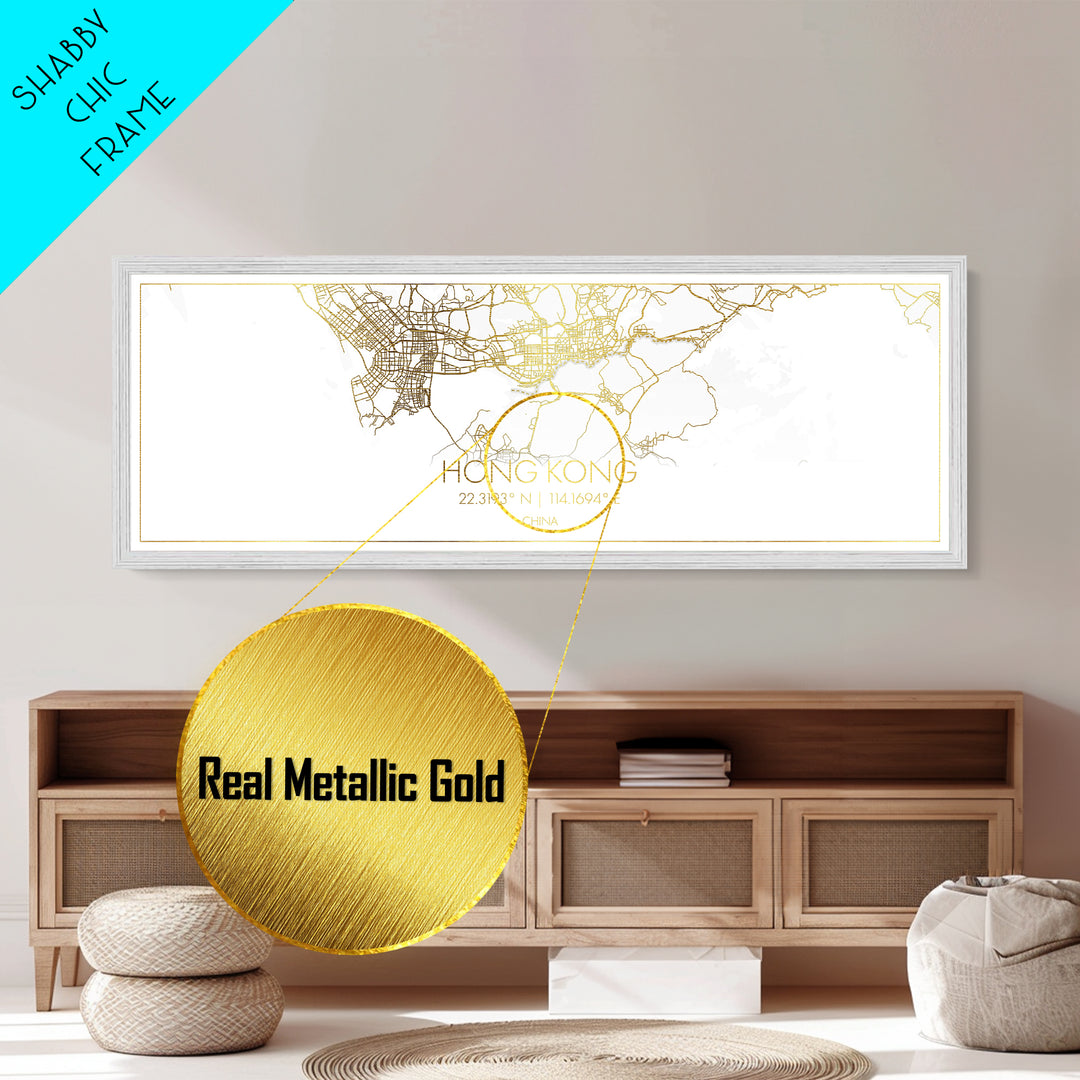 Hong Kong China City Poster, Panoramic street map, black and gold, Metallic Gold Art, Metal Art, wood framed map, Minimalist Wall Art