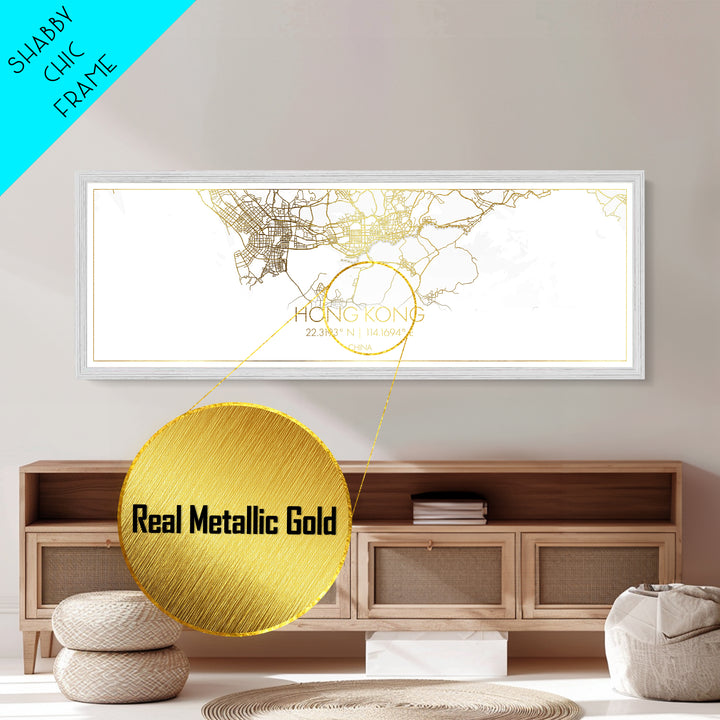 Hong Kong China City Poster, Panoramic street map, black and gold, Metallic Gold Art, Metal Art, wood framed map, Minimalist Wall Art