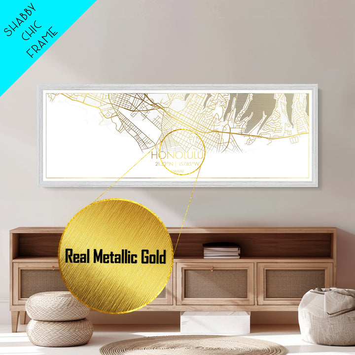 Honolulu Hawaii City street map, Panoramic art, black and gold, Metallic Gold Print, Metal Art, real wood frames, City Map Print Poster