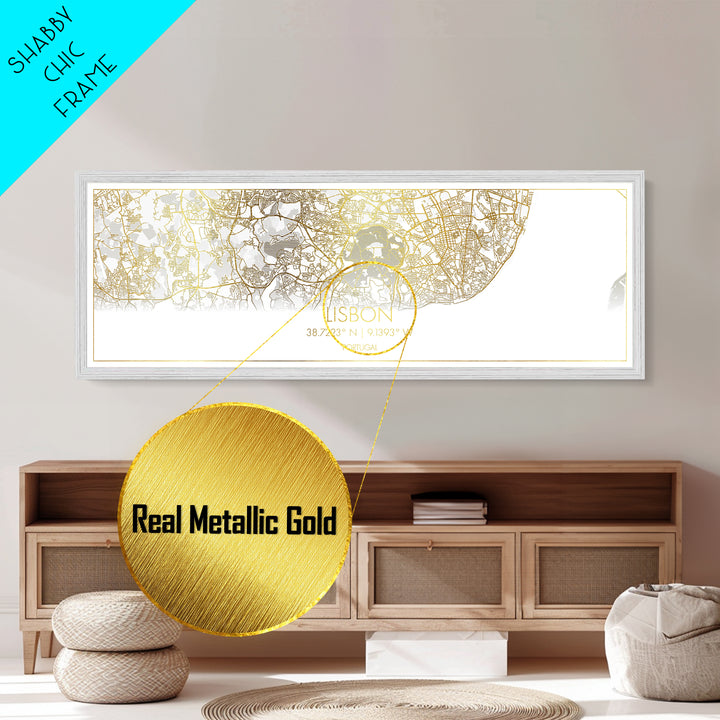 Lisbon Portugal map, Panoramic art, black and gold, Metallic Gold Print, Metal Art, real wood frames, Modern Wall Art, Housewarming Gift