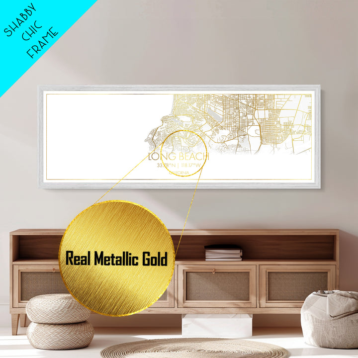 Long Beach California City Poster, Panoramic street map, black and gold, Metallic Gold Art, Metal Art, wood framed map, Housewarming Gift