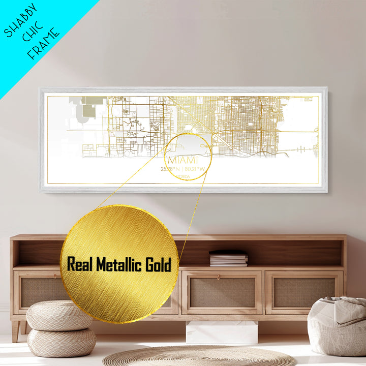 Miami Florida City street map, Panoramic art, black and gold, Metallic Gold Print, Metal Art, real wood frames, Office Decor, Wall Art