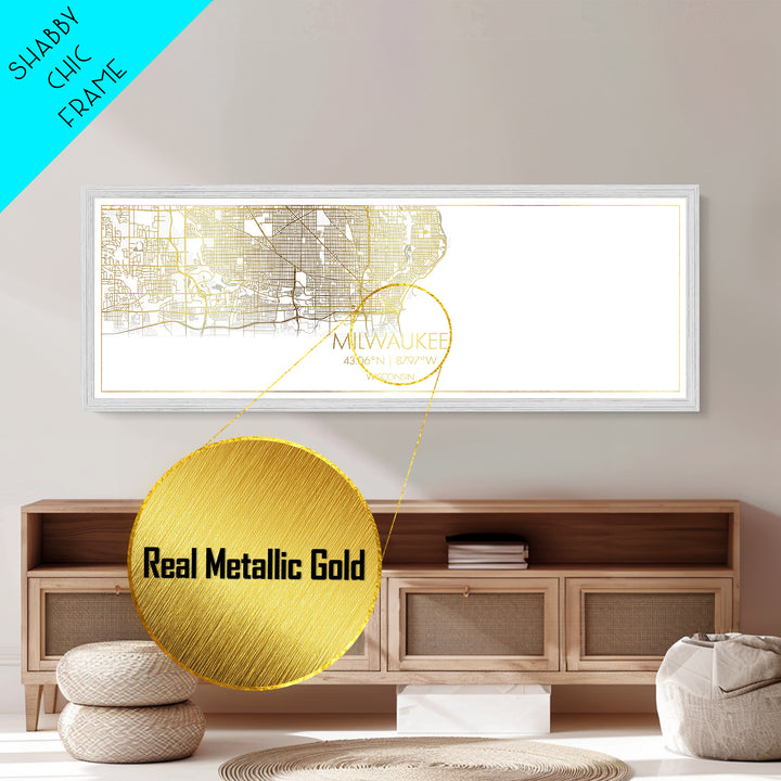 Milwaukee Wisconsin City street map, Panoramic art, black and gold, Metallic Gold Print, Metal Art, real wood frames, Minimalist Wall Art